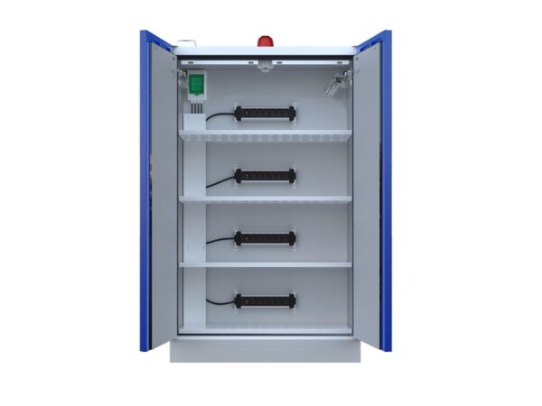 Interior view of Exacta lithium battery storage cabinet with four shelves and integrated power strips for safe charging.