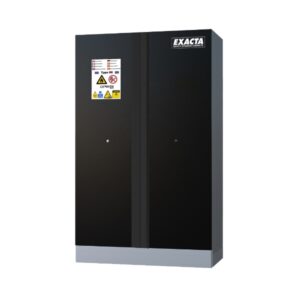 Tall black Exacta lithium battery storage cabinet with double doors and certified Type 90 fire safety signage.