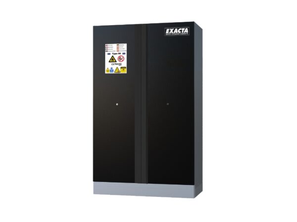Tall black Exacta lithium battery storage cabinet with double doors and certified Type 90 fire safety signage.
