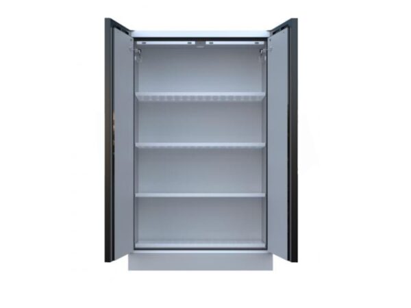 Open Exacta black lithium battery safety cabinet with four adjustable shelves designed for secure battery storage.