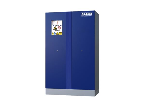 Blue Exacta lithium battery storage cabinet with two fire-resistant doors and warning label for hazardous contents.