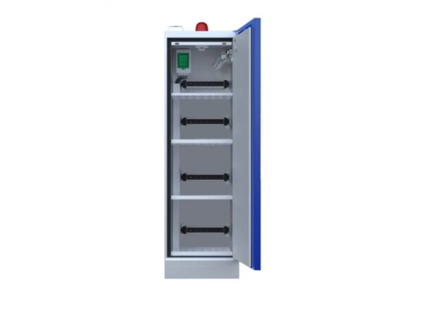 Interior of tall Exacta lithium battery storage cabinet with four shelves and built-in charging strips for battery safety.