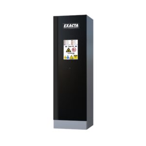 Exacta tall black lithium battery safety cabinet with Type 90 fire-resistant label and CE certification.