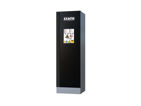 Exacta tall black lithium battery safety cabinet with Type 90 fire-resistant label and CE certification.