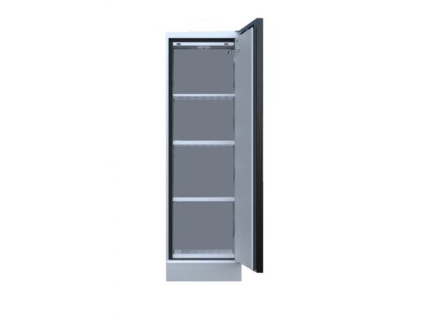 Open view of Exacta tall black cabinet with empty shelves, designed for secure lithium battery storage.