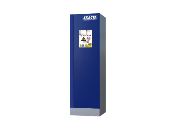 Tall blue Exacta lithium battery cabinet with fire protection and multilingual warning labels for safe storage.