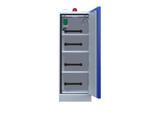 Interior of tall Exacta lithium battery cabinet with four shelves and integrated power strips for charging and storage.