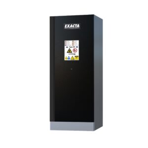 Tall black Exacta Type 90 safety cabinet for lithium battery storage, with certified warning labels on the front.