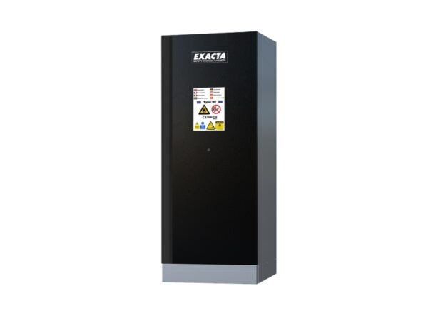 Tall black Exacta Type 90 safety cabinet for lithium battery storage, with certified warning labels on the front.