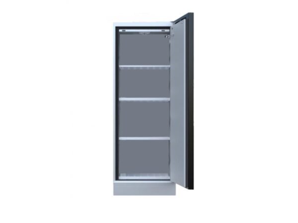 Open Exacta tall black lithium battery cabinet featuring four adjustable shelves and fire-resistant construction.