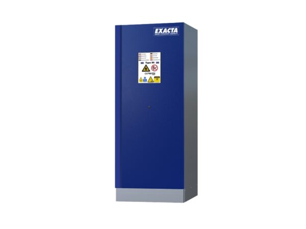 Tall blue Exacta lithium battery safety cabinet with single door and multilingual Type 90 fire hazard labeling.