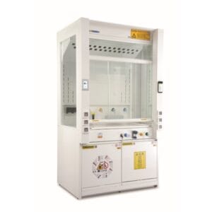 Side view of Asem Kristal M0 laboratory fume hood with transparent panels, EN 14175 compliant