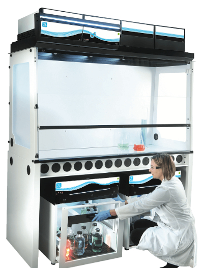 Stockage des chimiques sous hotte à filtration chimique Erlab Captair Smart