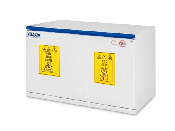 Exacta EO709ABT compact acids and bases cabinet, dual-compartment under-bench laboratory chemical storage cabinet with 12L capacity, 85 kg.