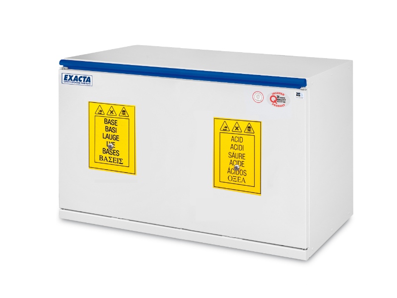 Exacta EO709ABT compact acids and bases cabinet, dual-compartment under-bench laboratory chemical storage cabinet with 12L capacity, 85 kg.