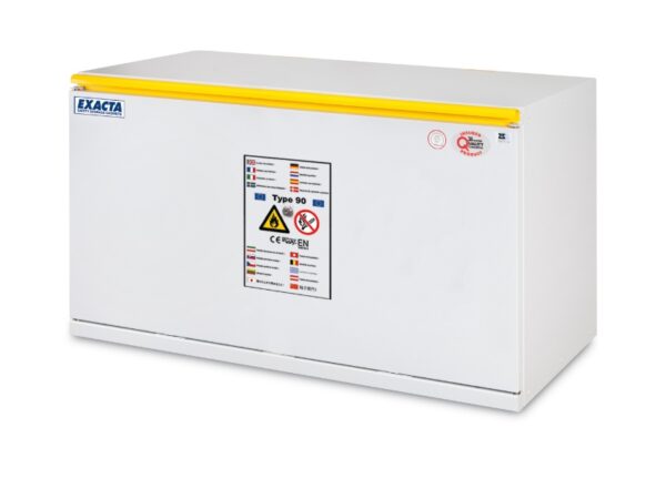 Exacta EOF711T wide fireproof chemical storage cabinet, EN 14470-1 Type 90 compliant safety cabinet for flammable and hazardous materials, 100 kg.