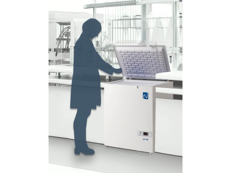 Laboratory technician loading samples into Nordic Lab ULT C75 ultra low temp freezer