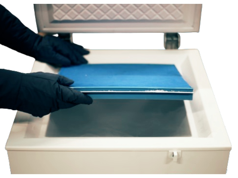 Hands placing sample racks inside Nordic Lab ULT C75 ultralow temperature freezer