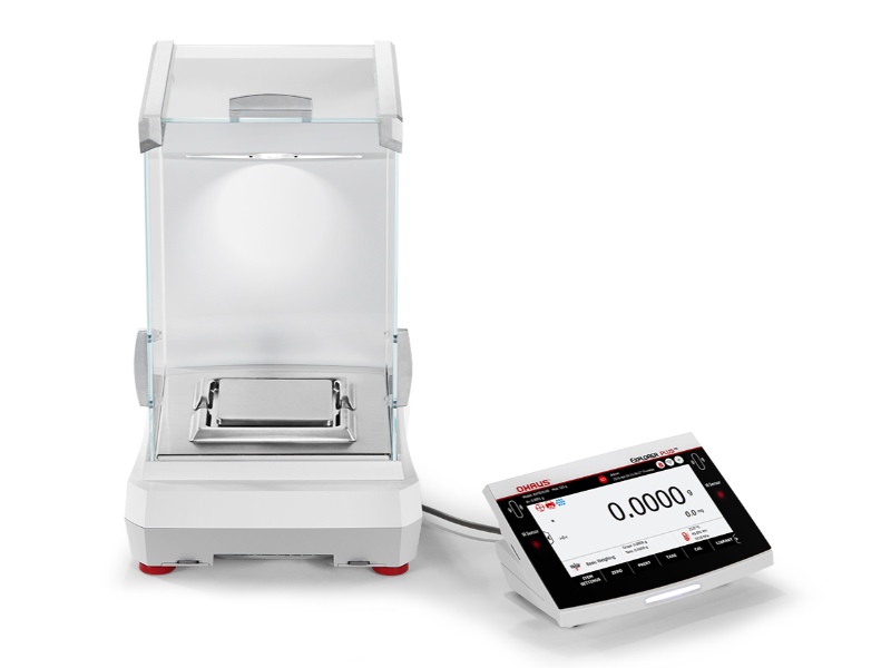 Ohaus Explorer Plus analytical balance with fully detachable terminal for ergonomic operation inside fume hoods.