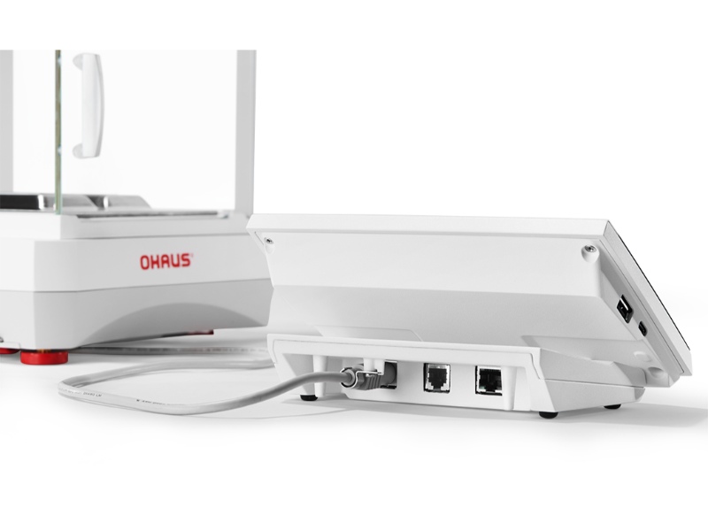 Ohaus Explorer Plus semi-micro balance with rear connectivity ports for secure data transfer and system integration.