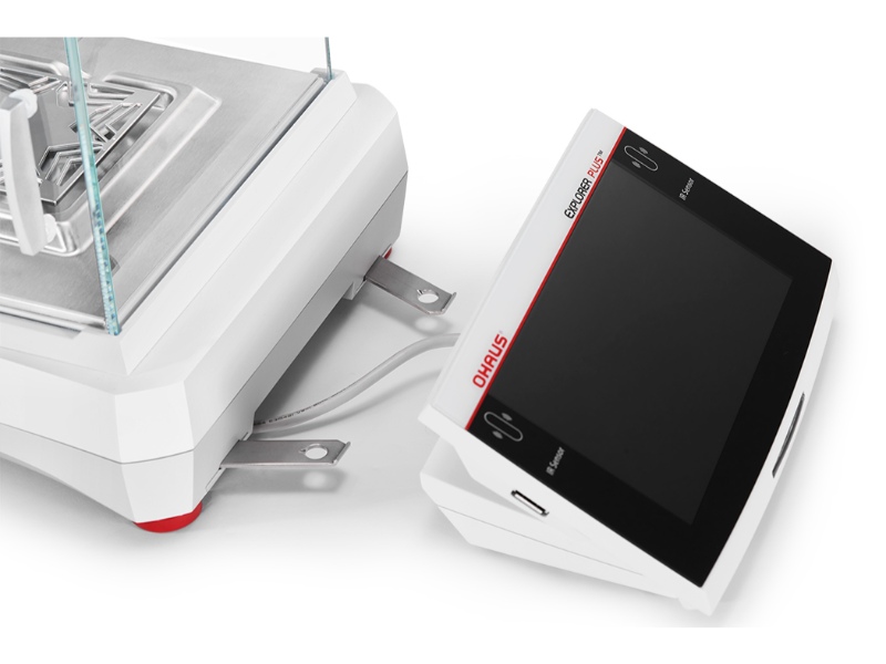 Semi-micro Ohaus Explorer Plus balance with detachable touchscreen terminal for ergonomic operation in lab environments.