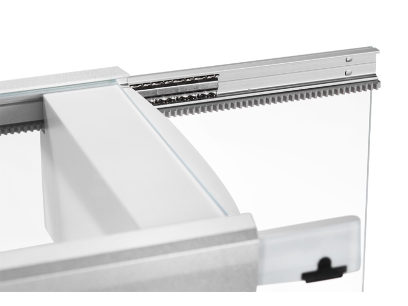 Close-up view of Ohaus Explorer Plus semi-micro balance draftshield track and precision sliding mechanism.