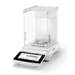 Ohaus semi-micro balance Explorer Plus with illuminated draftshield for enhanced sample visibility and weighing precision.