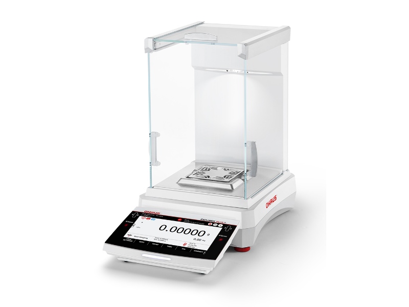 Ohaus semi-micro balance Explorer Plus with illuminated draftshield for enhanced sample visibility and weighing precision.