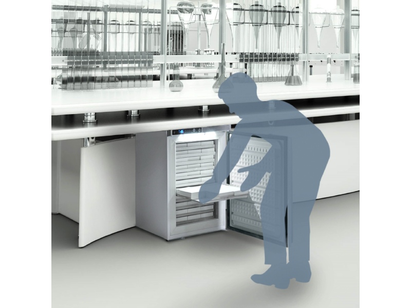 Scientist accessing samples from Nordic Lab ULT U100 ULT freezer in laboratory setting