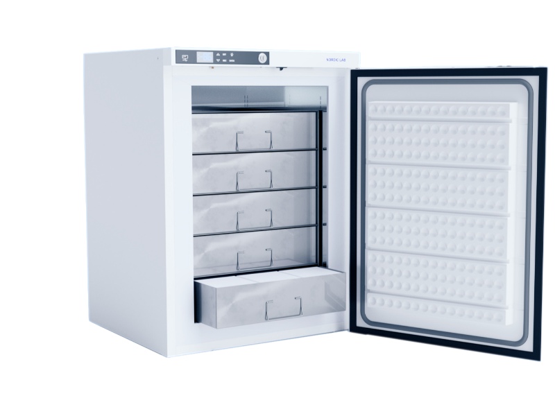Stainless steel sample racks inside Nordic Lab ULT U100 ultra low temp freezer