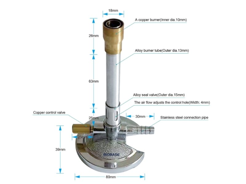 Biobase BSN-01 bunsenbrander technische tekening met afmetingen en onderdelen