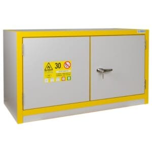 Trionyx 3032E Type 30 underbench flammable storage cabinet, 2 doors, 635 mm high, 60 L capacity closed